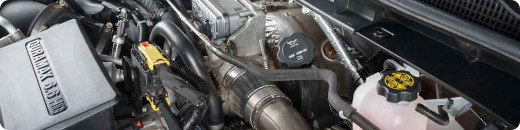 Close-up view of a clean Duramax 6.6 HD diesel engine compartment, showing engine parts, hoses, and fluid reservoirs under the hood of a vehicle. Duramax Repair, diesel repair in South Jordan UT