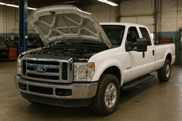 Ford Super Duty truck with hood open inside a professional auto repair shop, ready for engine diagnostics or maintenance service.