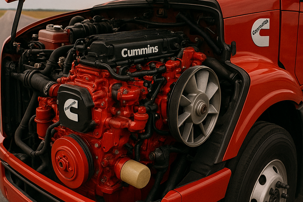 cummins engine repair in South Jordan, UT by Performance Place. Image of a powerful red Cummins engine under the hood of a truck, emphasizing heavy-duty diesel repair and maintenance services.