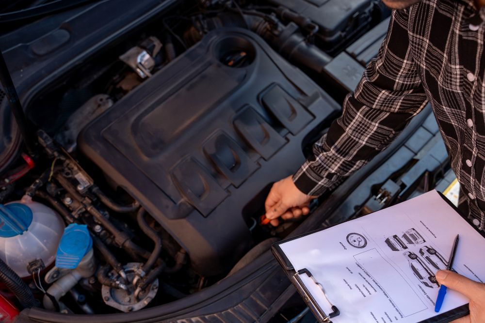 Preventative Maintenance in South Jordan, UT by Performance Place. A mechanic checking the oil level of a car engine with the hood open, holding a clipboard with inspection forms in the other hand.
